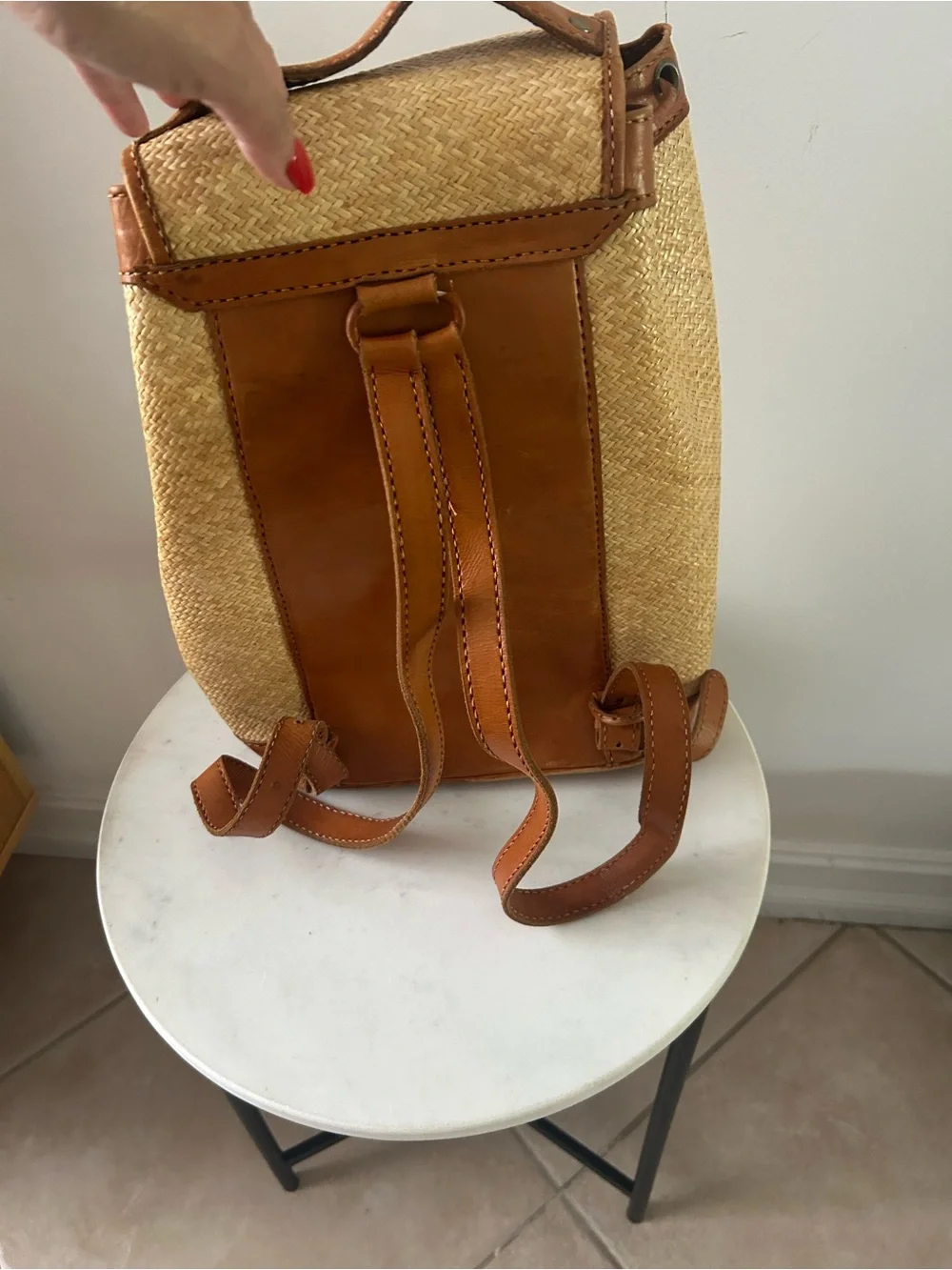 Straw Woven Backpack with Tan Leather Trim